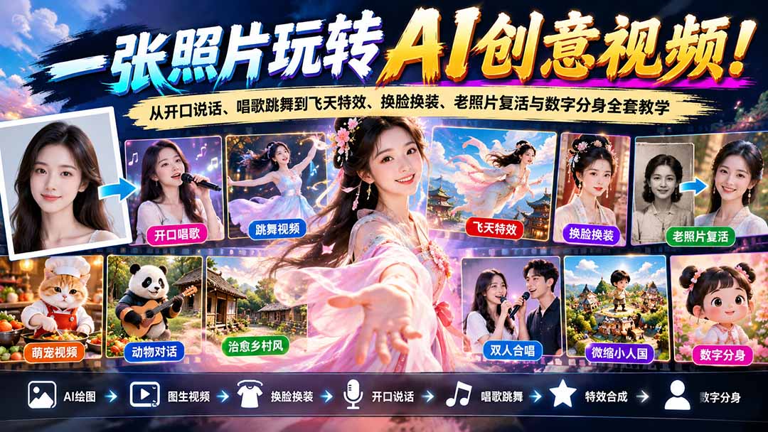 一张照片玩转AI创意视频!从开口说话、唱歌跳舞到飞天特效、换脸换装、老照片复活与数字分身全套教学-娜娜项目网