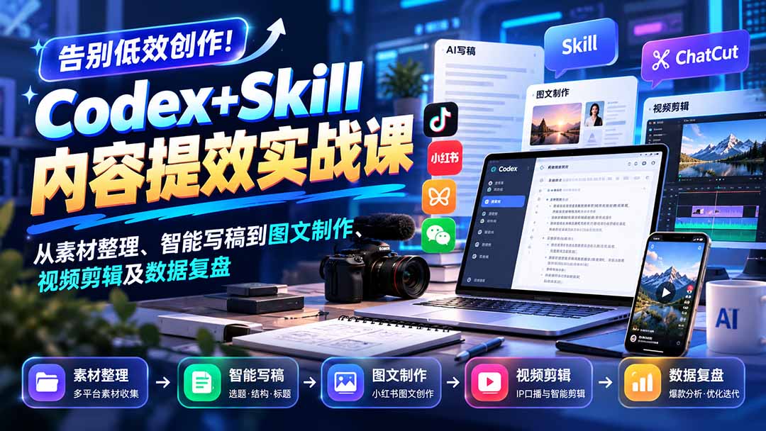 【无水印】告别低效创作!Codex+Skill内容提效实战课:从素材整理、智能写稿到图文制作、视频剪辑及数据复盘-娜娜项目网