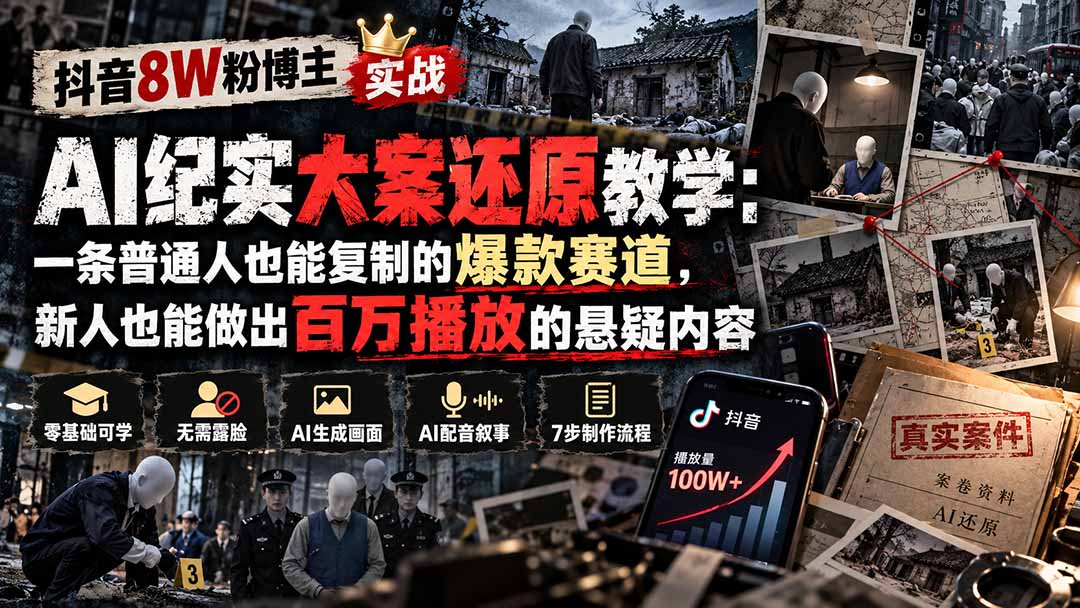 抖音8W粉博主AI纪实大案还原教学:一条普通人也能复制的爆款赛道,新人也能做出百万播放的悬疑内容-娜娜项目网