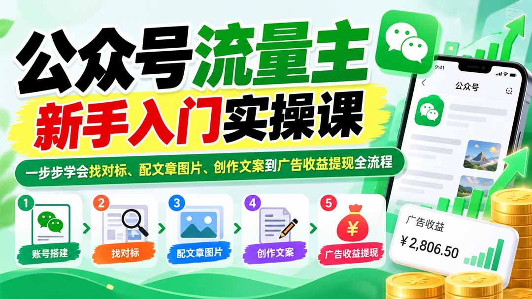 公众号流量主新手入门实操课:一步步学会找对标、配文章图片、创作文案到广告收益提现全流程-娜娜项目网