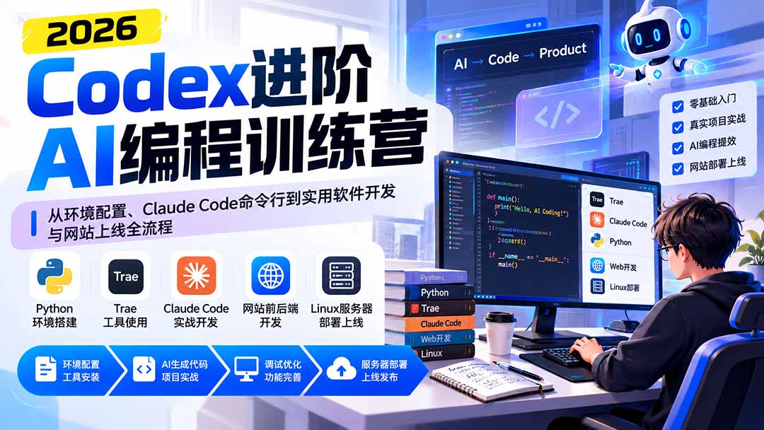 Codex进阶AI编程训练营:从环境配置、Claude Code命令行到实用软件开发与网站上线全流程-娜娜项目网
