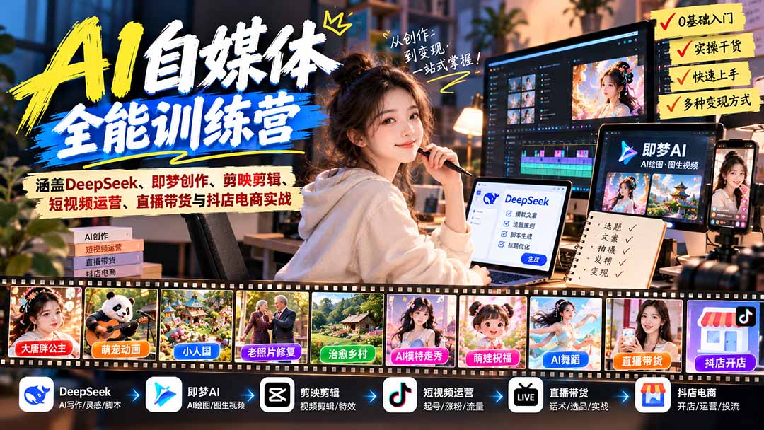 【无水印】AI+自媒体全能训练营:涵盖DeepSeek、即梦创作、剪映剪辑、短视频运营、直播带货与抖店电商实战-娜娜项目网