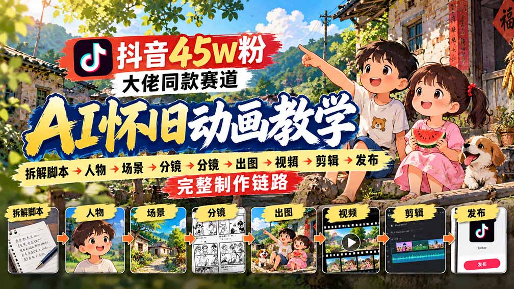 抖音45W粉大佬同款赛道AI怀旧动画教学:拆解脚本→人物→场景→分镜→出图→视频→剪辑→发布完整制作链路-娜娜项目网
