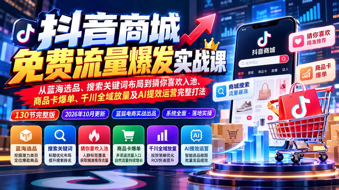 抖音商城免费流量爆发实战：从蓝海选品、搜索关键词布局到猜你喜欢入池、商品卡爆单、千川全域放量及AI提效完整打法-娜娜项目网