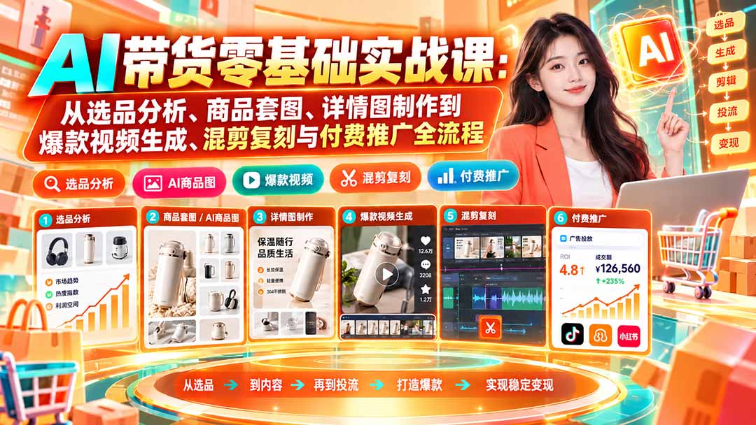 AI带货零基础实战课:从选品分析、商品套图、详情图制作到爆款视频生成、混剪复刻与付费推广全流程-娜娜项目网