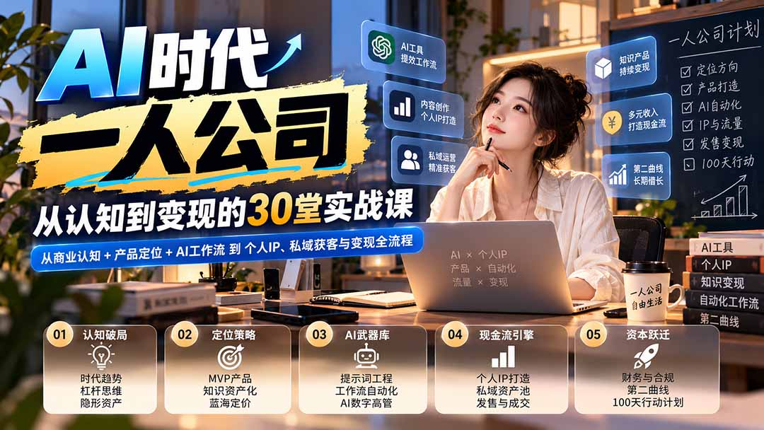 【无水印】AI时代一人公司30堂实战课:从商业认知+产品定位+AI工作流到个人IP、私域获客与变现全流程-娜娜项目网