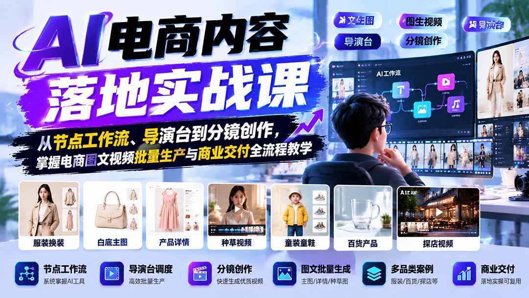 AI电商内容落地实战课:从节点工作流、导演台到分镜创作,掌握电商图文视频批量生产与商业交付全流程教学-娜娜项目网