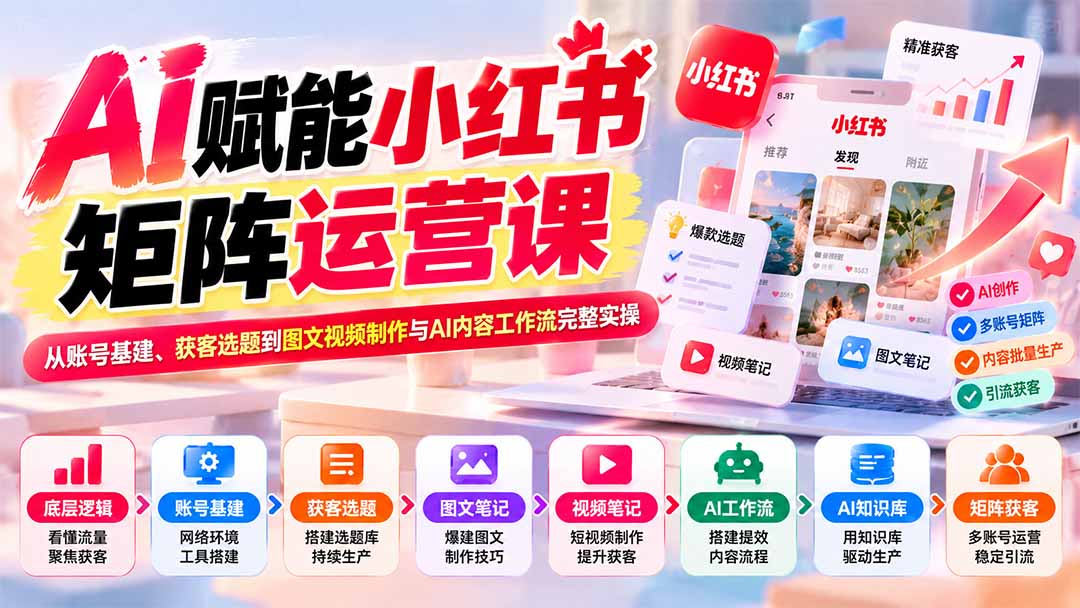 AI赋能小红书矩阵运营课:从账号基建、获客选题到图文视频制作与AI内容工作流完整实操-娜娜项目网