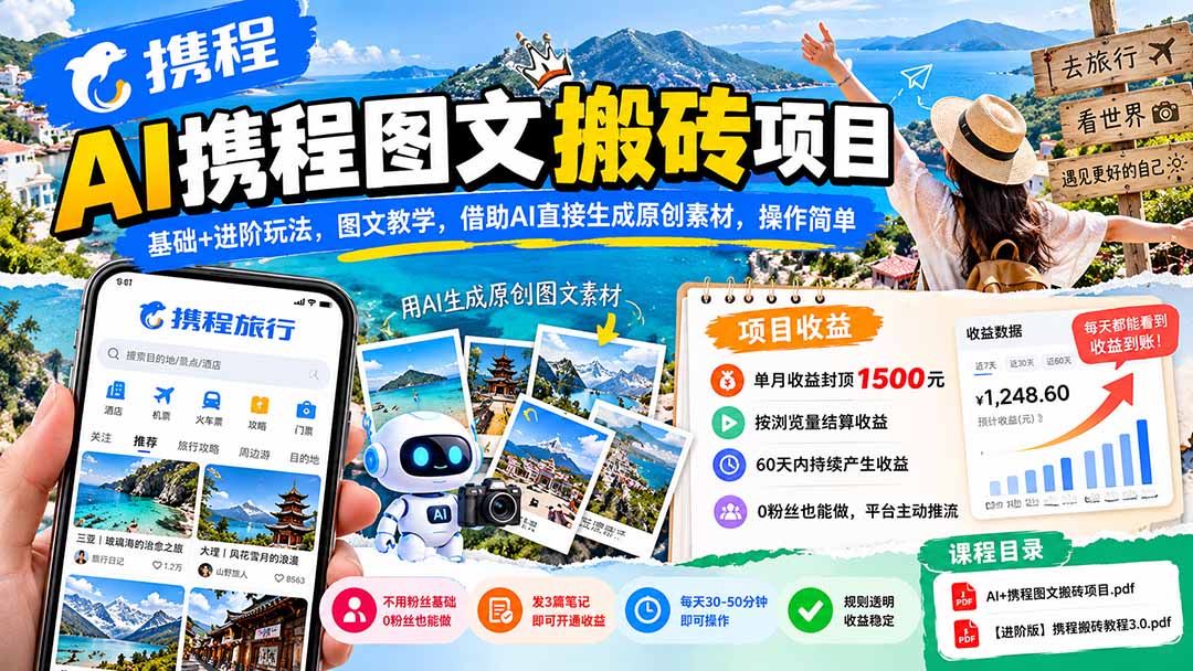 AI携程图文搬砖项目，基础+进阶玩法，图文教学，借助AI直接生成原创素材，操作简单-娜娜项目网