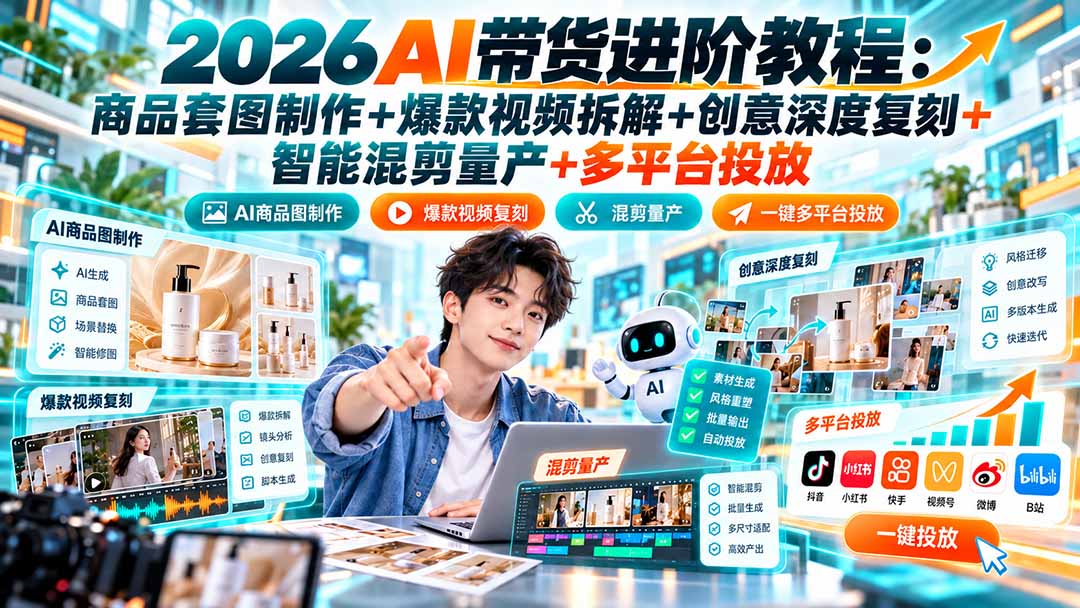 2026AI带货进阶教程:商品套图制作+爆款视频拆解+创意深度复刻+智能混剪量产+多平台投放-娜娜项目网