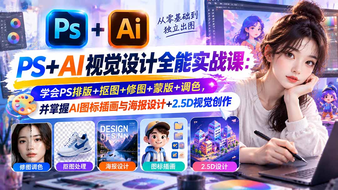 【无水印】PS+AI视觉设计全能实战课：学会PS排版+抠图+修图+蒙版+调色，并掌握AI图标插画与海报设计+2.5D视觉创作-娜娜项目网