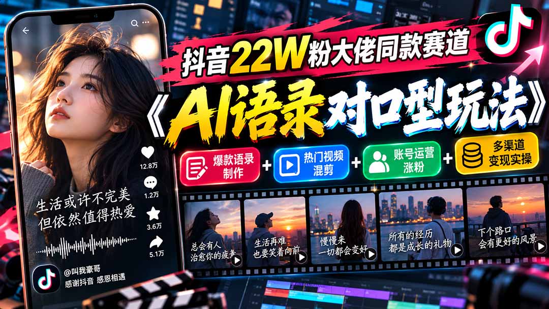 抖音22W粉大佬同款赛道《AI语录对口型玩法》:爆款语录制作+热门视频混剪+账号运营涨粉+多渠道变现实操-娜娜项目网