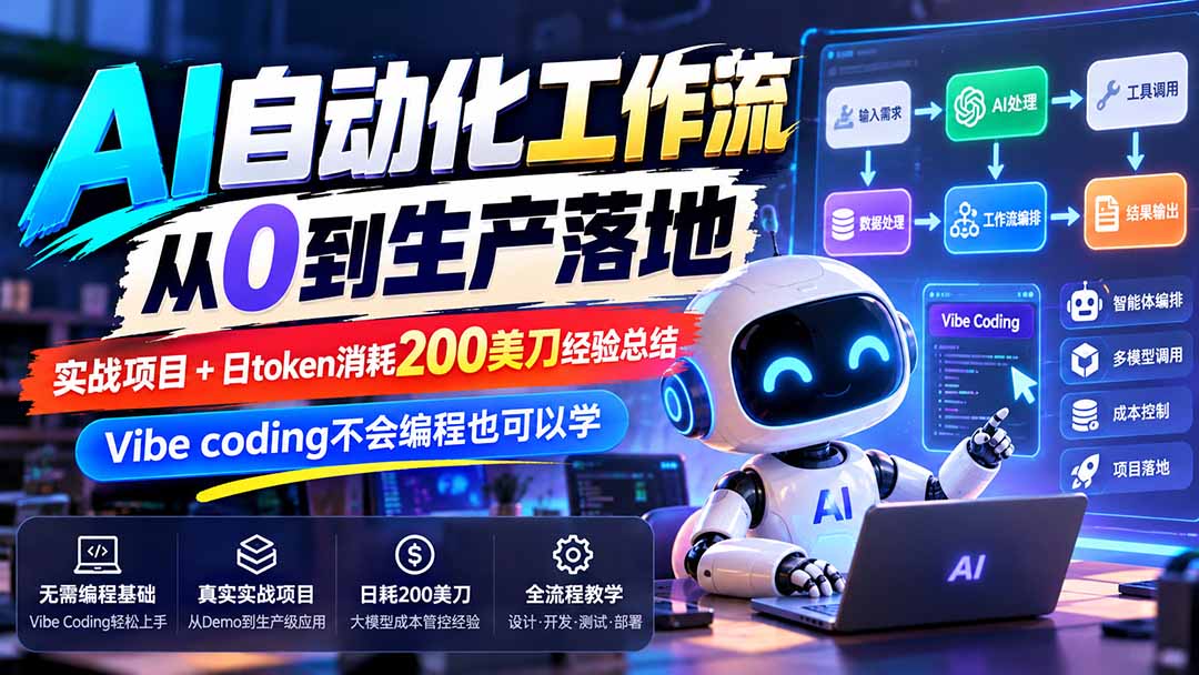 【无水印】AI自动化工作流从0到生产落地，实战项目+日token消耗200美刀经验总结，Vibe coding不会编程也可以学-娜娜项目网