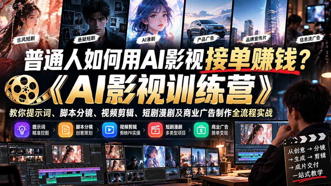 普通人如何用AI影视接单赚钱?《AI影视训练营》教你提示词、脚本分镜、视频剪辑、短剧漫剧及商业广告制作全流程实战-娜娜项目网