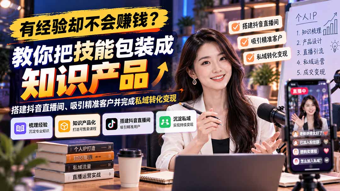 有经验却不会赚钱？教你把技能包装成知识产品，搭建抖音直播间、吸引精准客户并完成私域转化变现-娜娜项目网