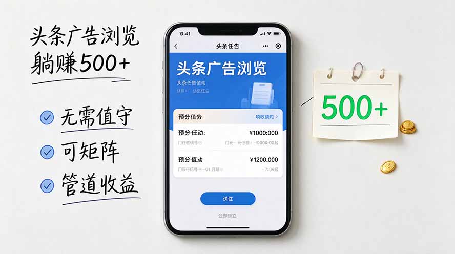 头条广告浏览躺赚500+无需值守，可矩阵并附有管道收益-娜娜项目网