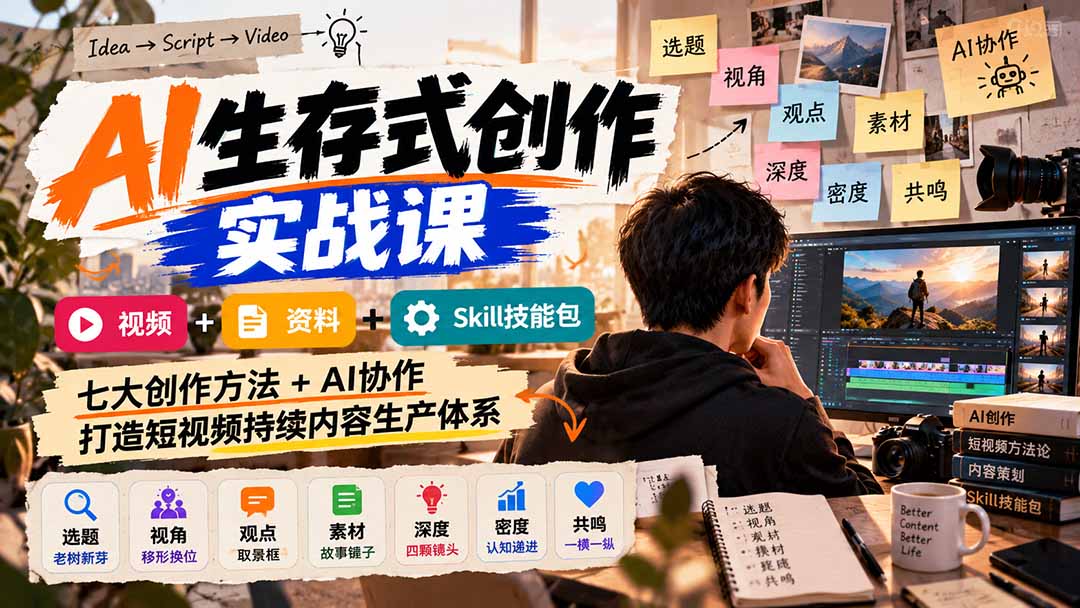 AI生存式创作实战课：视频+资料+Skill技能包，七大创作方法+AI协作，打造短视频持续内容生产体系-娜娜项目网
