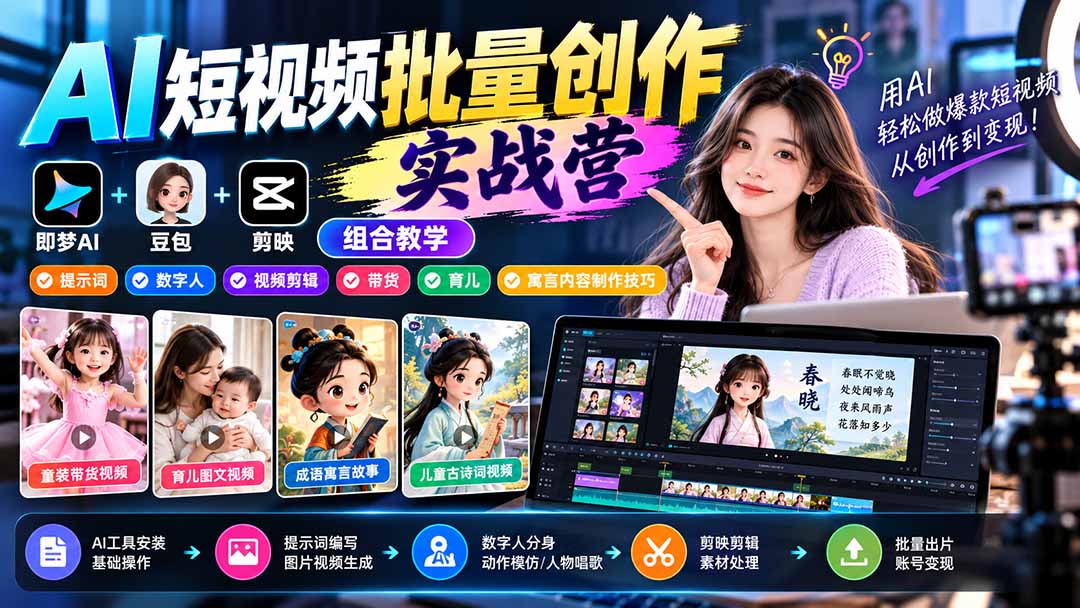 【无水印】AI短视频批量创作实战营:即梦+豆包+剪映组合教学,提示词/数字人/视频剪辑/带货/育儿/寓言内容制作技巧-娜娜项目网