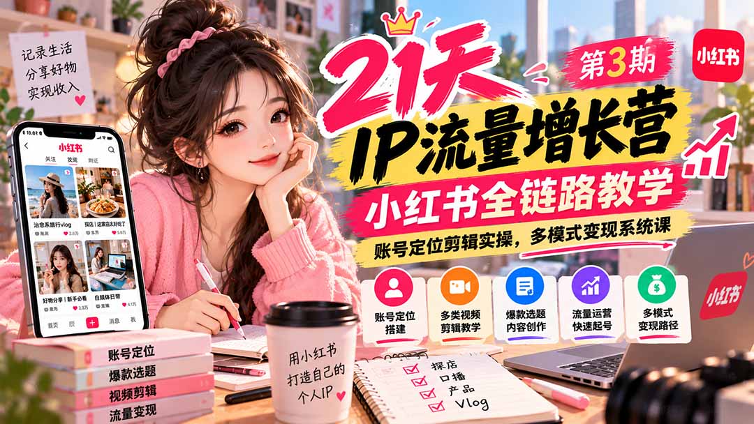 【无水印】21天IP流量增长营-第3期,小红书全链路教学,账号定位剪辑实操,多模式变现系统课-娜娜项目网