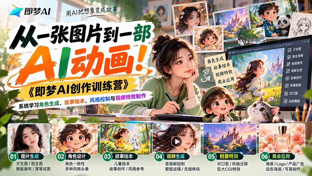 【无水印】从一张图片到一部AI动画!《即梦AI创作训练营》系统学习角色生成、故事绘本、风格控制与视频特效制作-娜娜项目网