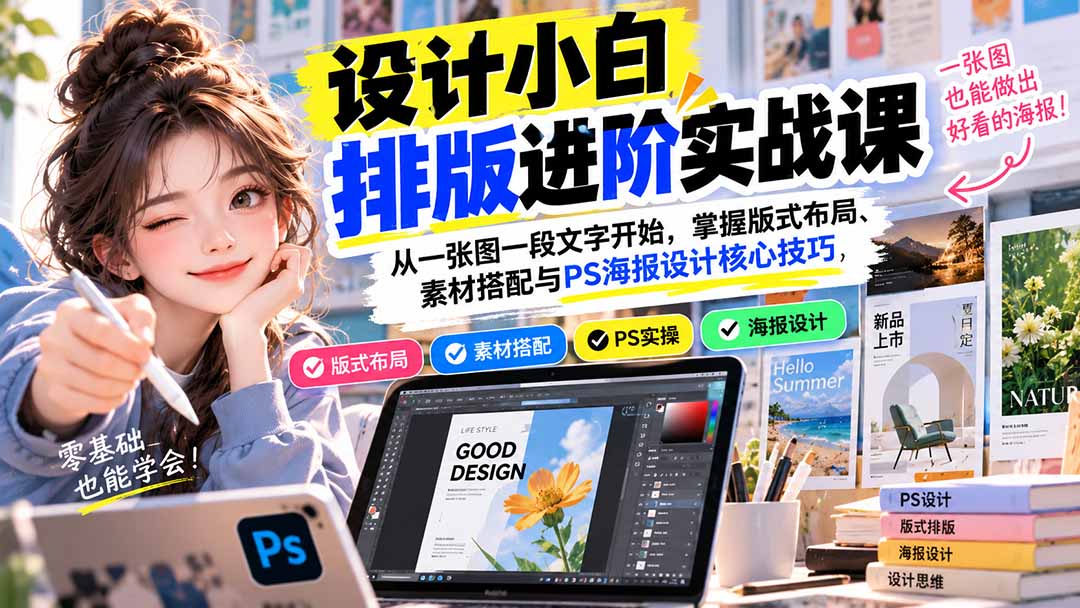 设计小白排版进阶实战课：从一张图一段文字开始，掌握版式布局、素材搭配与PS海报设计核心技巧-娜娜项目网