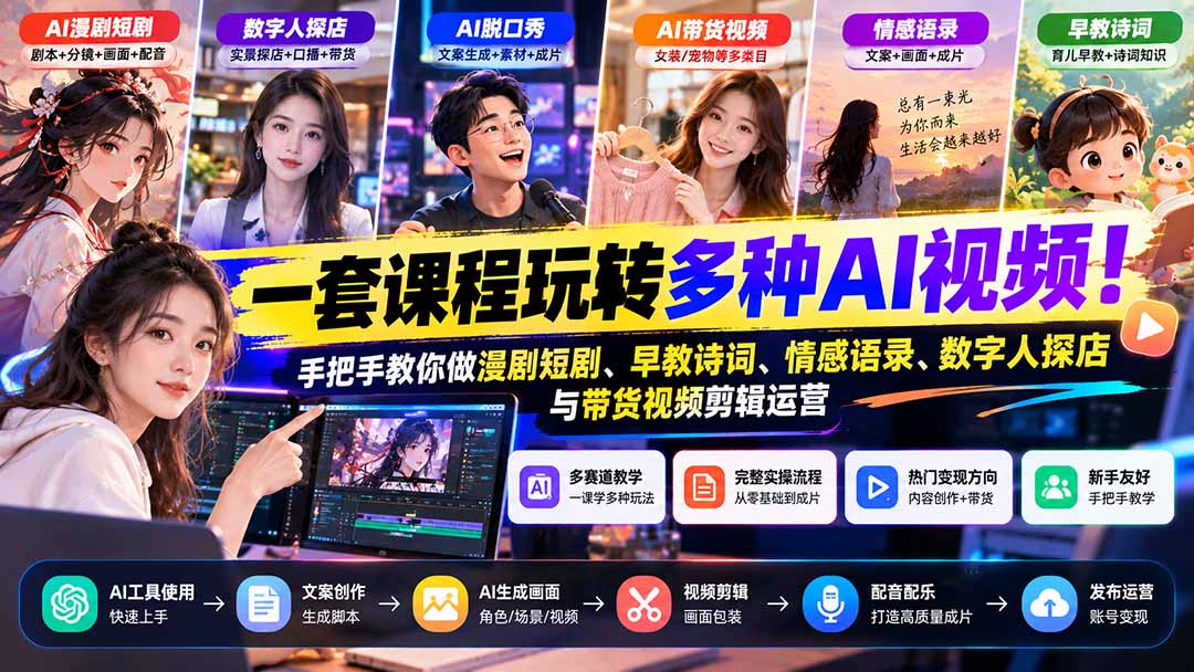 【无水印】一套课程玩转多种AI视频！手把手教你做漫剧短剧、早教诗词、情感语录、数字人探店与带货视频剪辑运营-娜娜项目网
