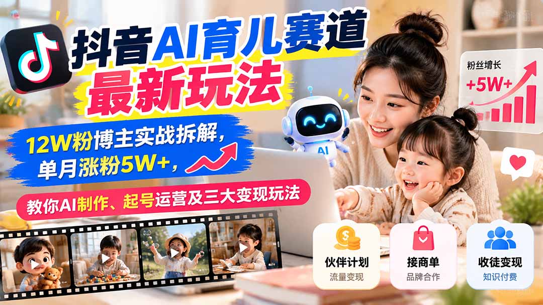 抖音AI育儿赛道最新玩法：12W粉博主实战拆解，单月涨粉5W+，教你AI制作、起号运营及三大变现玩法-娜娜项目网