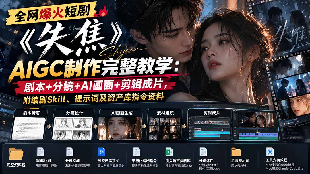 全网爆火短剧《失焦》AIGC制作完整教学:剧本+分镜+AI画面+剪辑成片,附编剧Skill、提示词及资产库指令资料-娜娜项目网