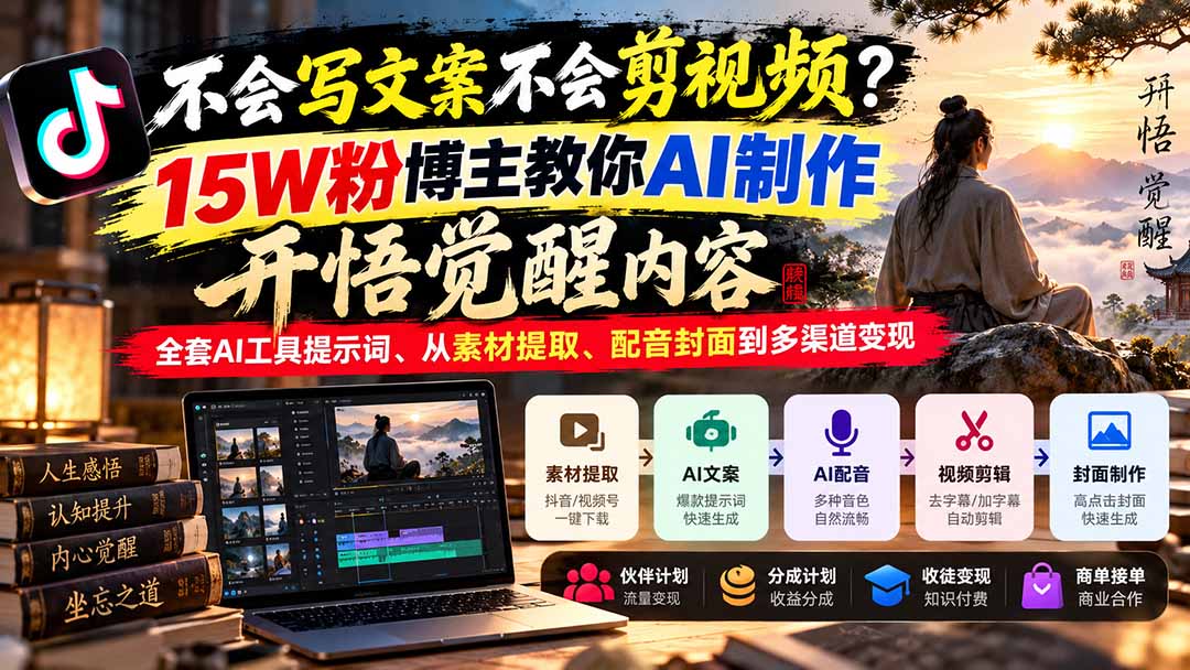 不会写文案不会剪视频？15W粉博主教你AI制作开悟觉醒内容，全套AI工具提示词、从素材提取、配音封面到多渠道变现-娜娜项目网