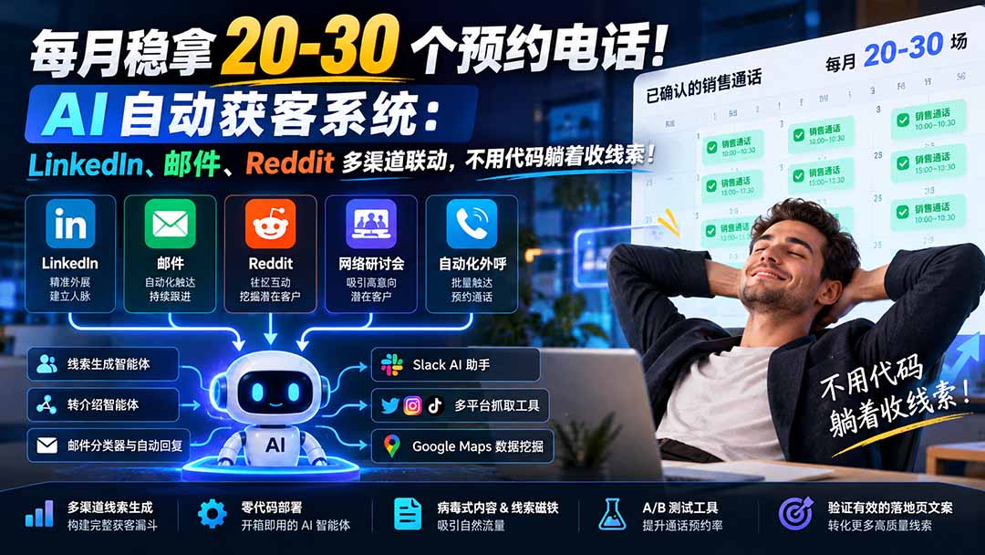 每月稳拿 20-30 个预约电话!AI 自动获客系统:LinkedIn、邮件、Reddit 多渠道联动,不用代码躺着收线索!-娜娜项目网