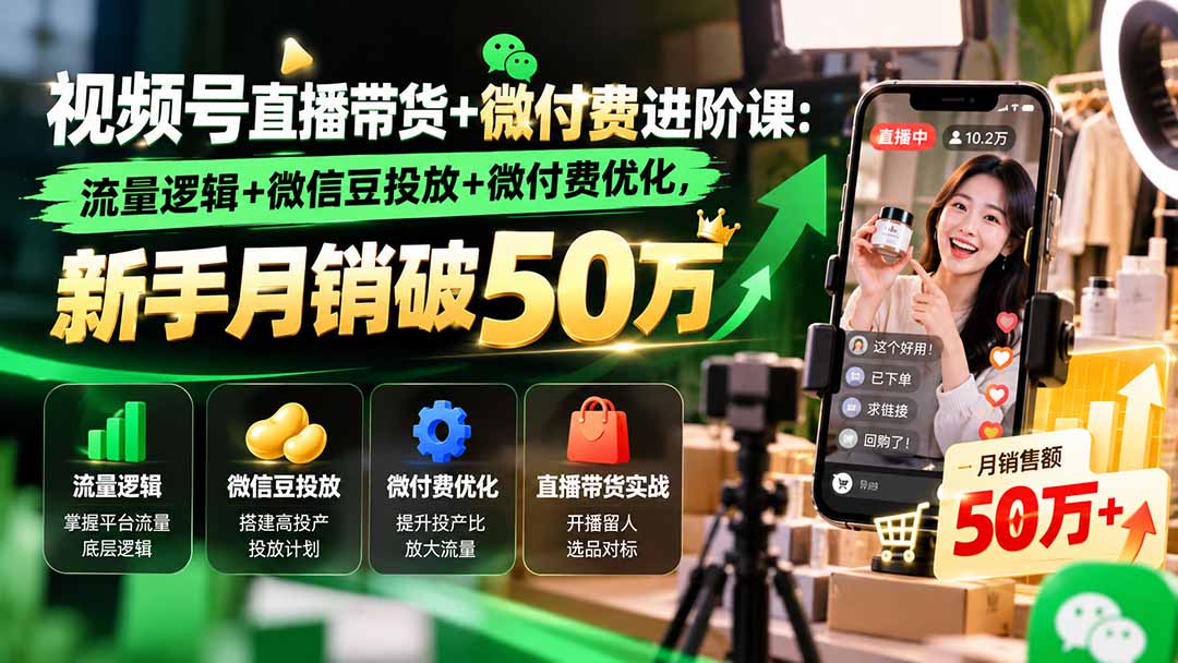 视频号直播带货+微付费进阶课-更新1010:流量逻辑+微信豆投放+微付费优化,新手月销破50万-娜娜项目网