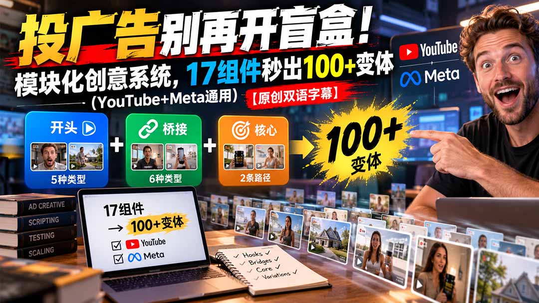 投广告别再开盲盒！模块化创意系统，17组件秒出100+变体（YouTube+Meta通用）【原创双语字幕】-娜娜项目网