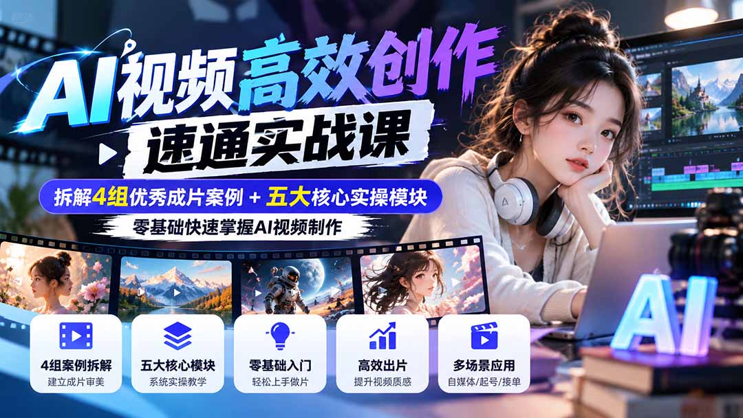 【无水印】AI视频高效创作速通实战课:拆解4组优秀成片案例+五大核心实操模块,零基础快速掌握AI视频制作-娜娜项目网