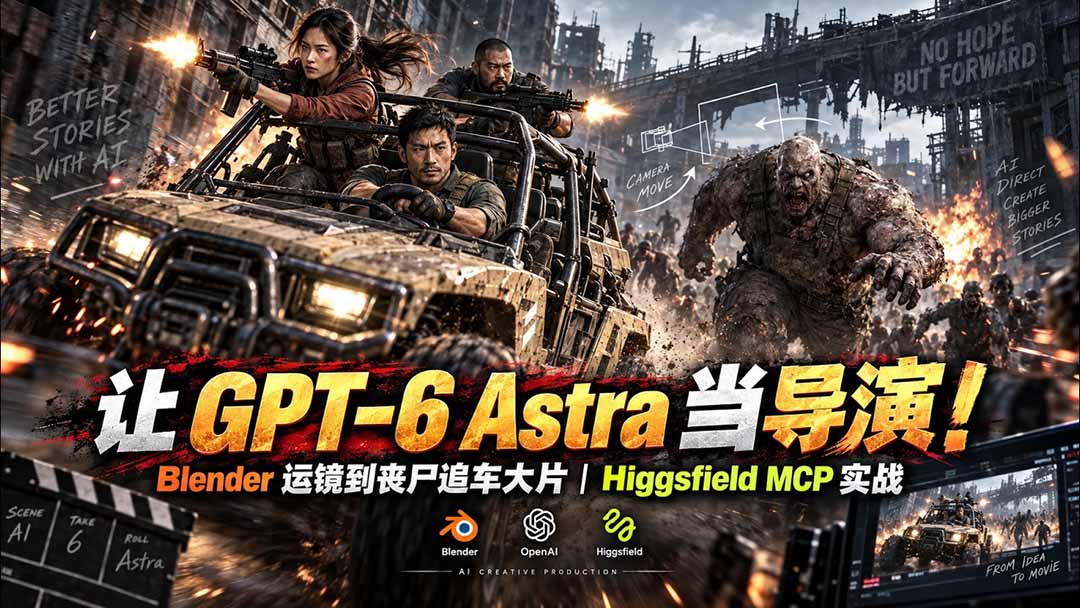 【无水印】让 GPT-6 Astra 当导演!Blender 运镜到丧尸追车大片|Higgsfield MCP 实战-娜娜项目网