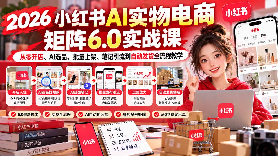 2026小红书AI实物电商矩阵6.0实战课：从零开店、AI选品、批量上架、笔记引流到自动发货全流程教学-娜娜项目网