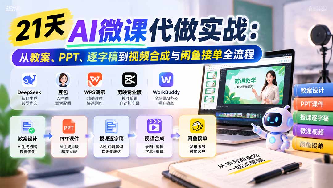 21天AI微课代做实战：从教案、PPT、逐字稿到视频合成与闲鱼接单全流程-娜娜项目网