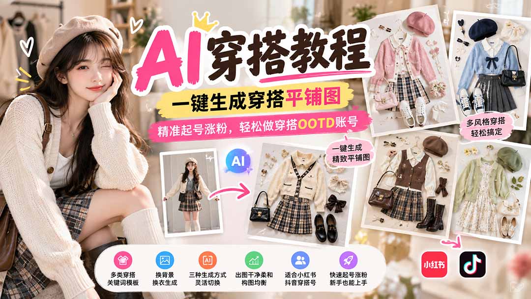 【无水印】AI穿搭教程|一键生成穿搭平铺图,精准起号涨粉,轻松做穿搭OOTD账号-娜娜项目网