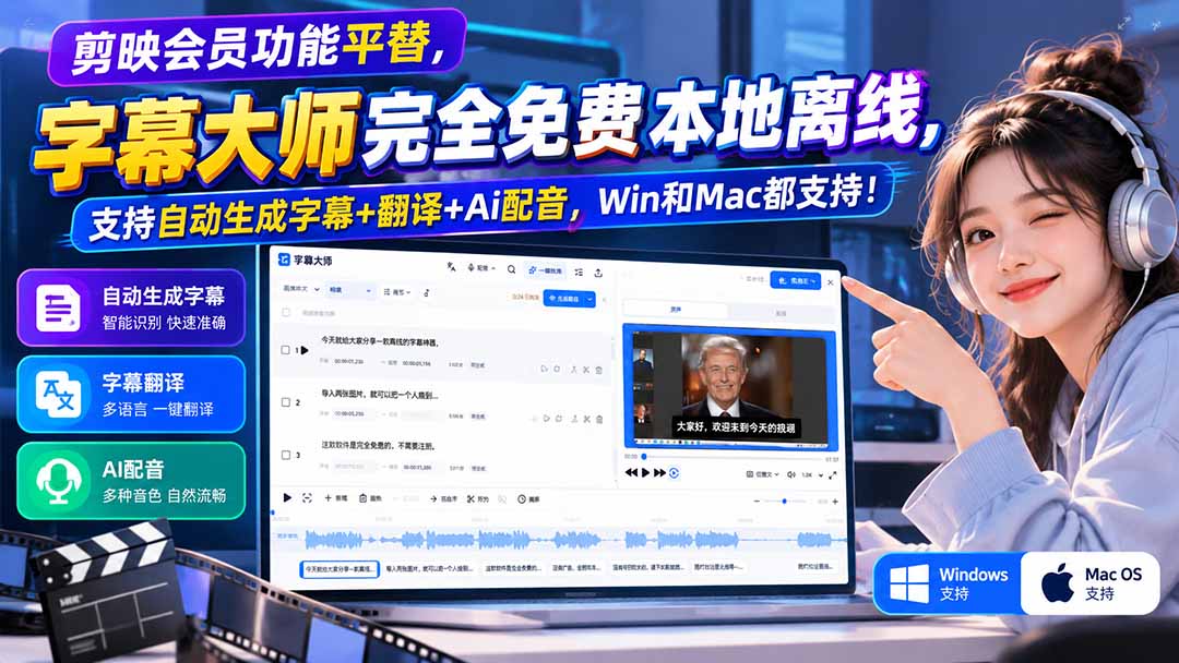 剪映会员功能平替,字幕大师完全免费本地离线,支持自动生成字幕+翻译+Ai配音,Win和Mac都支持!-娜娜项目网
