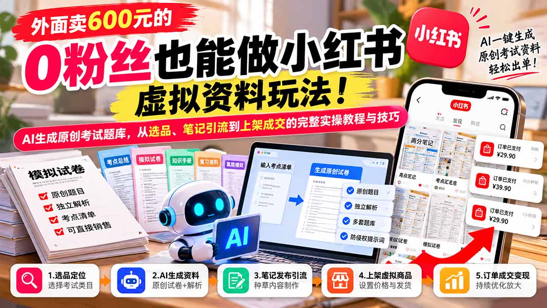 外面卖600元的 零粉丝也能做小红书虚拟资料玩法！AI生成原创考试题库，从选品、笔记引流到上架成交的完整实操教程-娜娜项目网