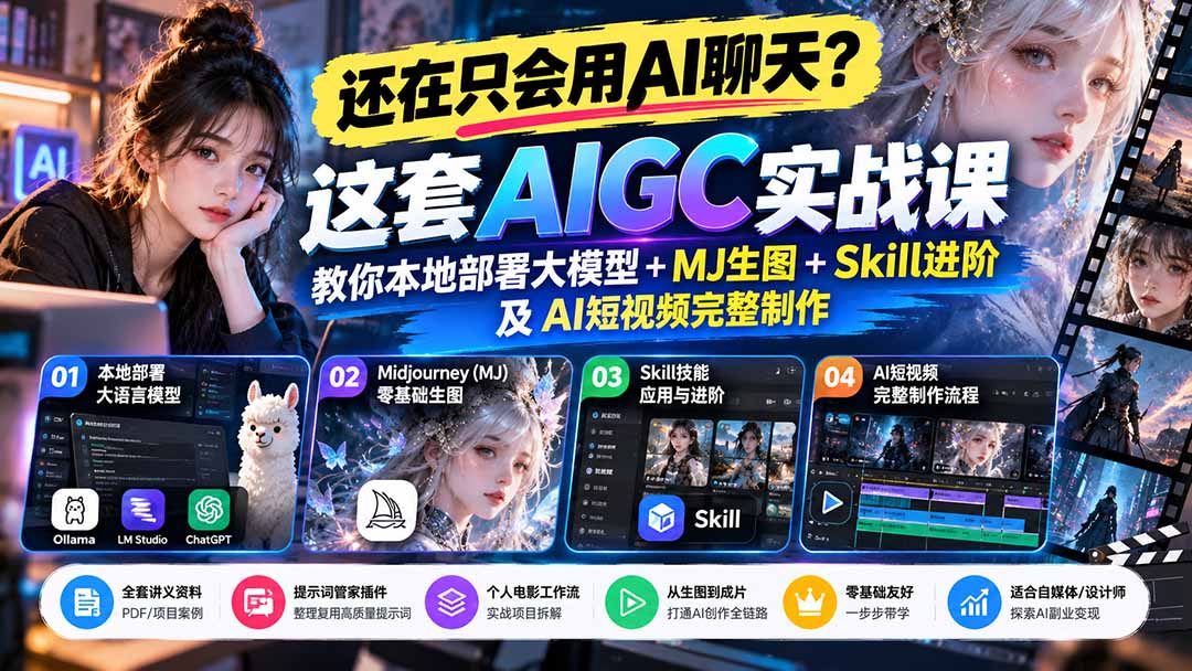 【无水印】还在只会用AI聊天?这套AIGC实战课教你本地部署大模型+MJ生图+Skill进阶及AI短视频完整制作-娜娜项目网