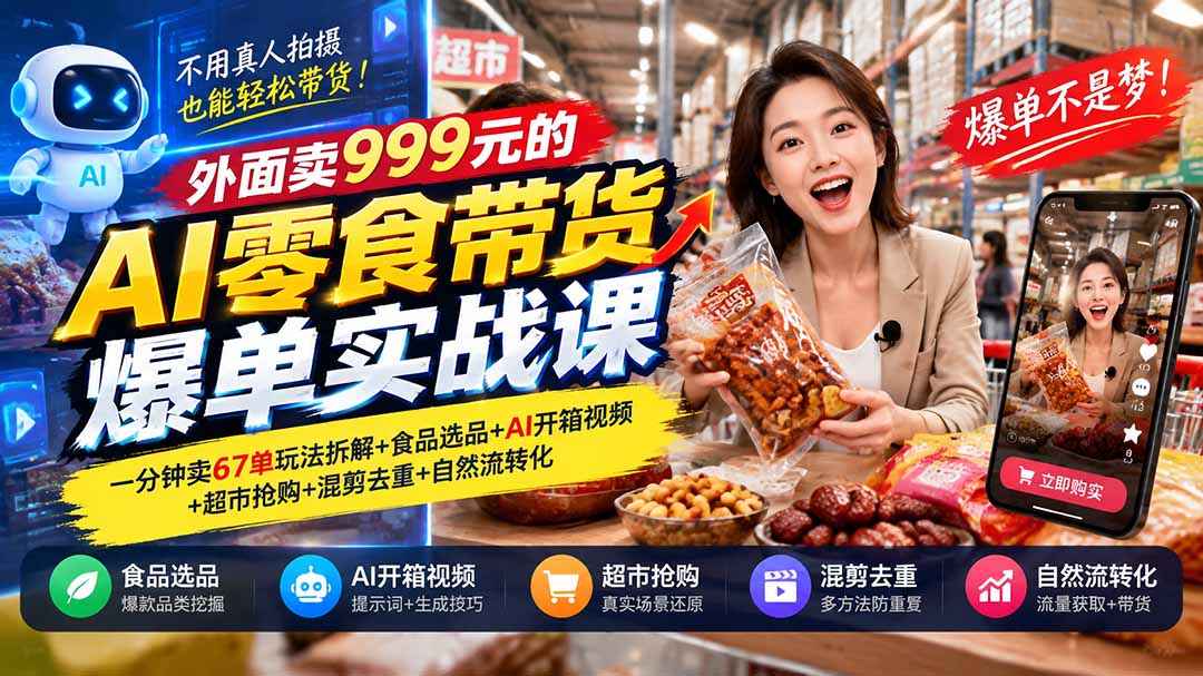 外面卖999元的AI零食带货爆单实战课|一分钟卖67单玩法拆解+食品选品+AI开箱视频+超市抢购+混剪去重+自然流转化-娜娜项目网