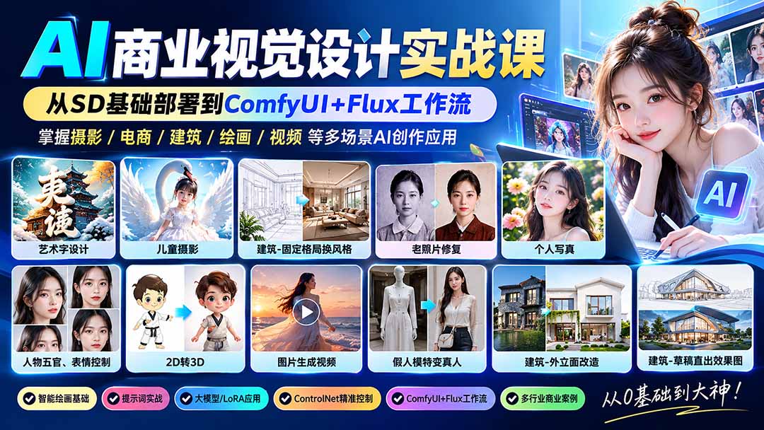 【无水印】AI商业视觉设计实战课:从SD基础部署到ComfyUI+Flux工作流,掌握摄影电商建筑AI创作-娜娜项目网