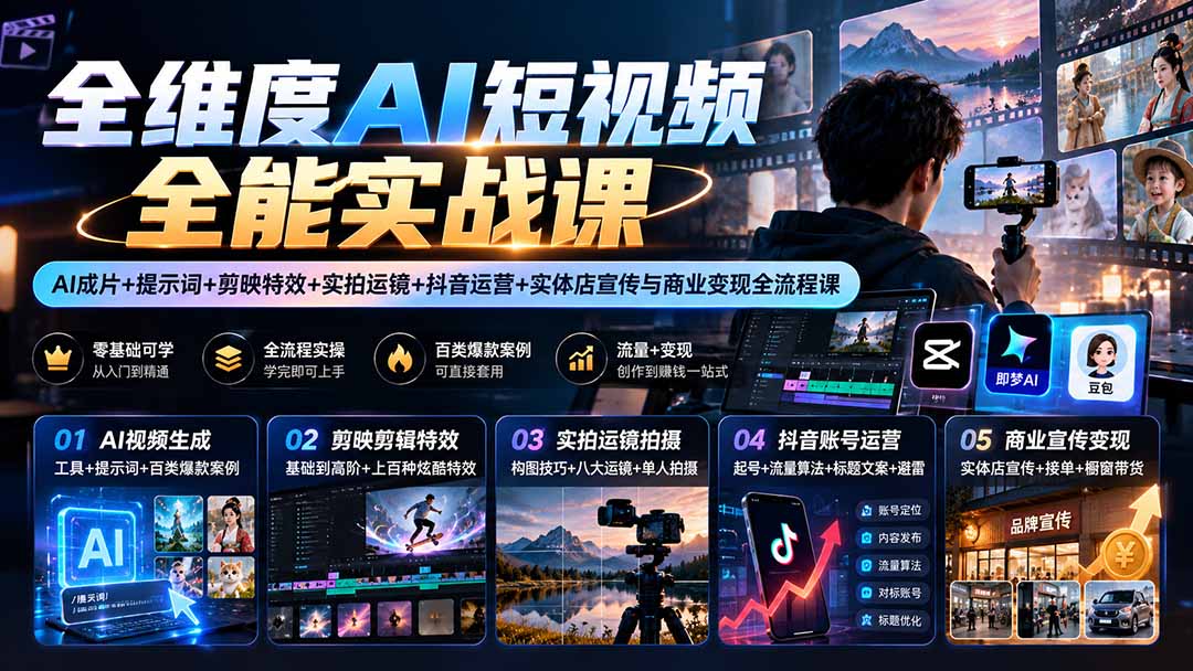 【无水印】全维度AI短视频全能实战课:AI成片+提示词+剪映特效+实拍运镜+抖音运营+实体店宣传与商业变现全流程课-娜娜项目网