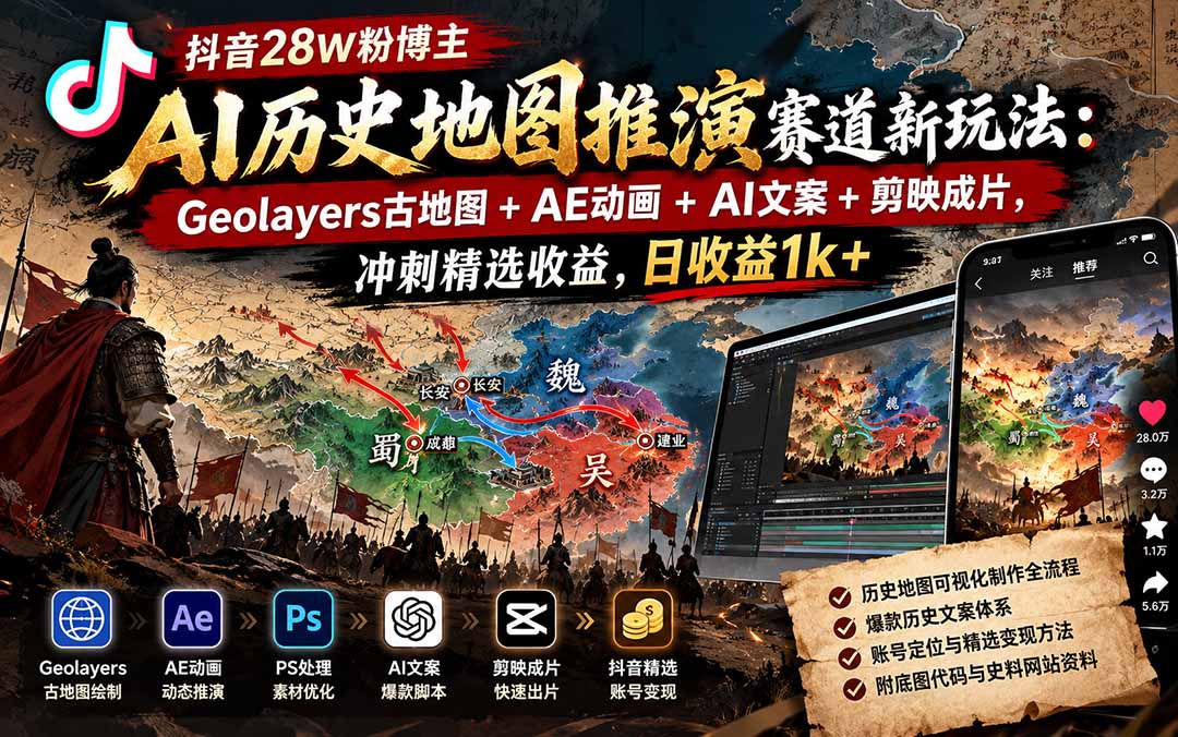 抖音28W粉博主AI历史地图推演赛道新玩法:Geolayers古地图+AE动画+AI文案+剪映成片,冲刺精选收益,日收益1k+-娜娜项目网