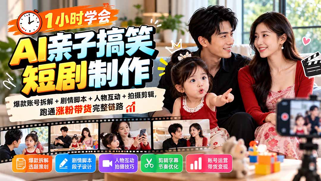 1小时学会AI亲子搞笑短剧制作：爆款账号拆解+剧情脚本+人物互动+拍摄剪辑，跑通涨粉带货完整链路-娜娜项目网