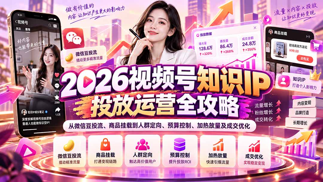 2026视频号知识IP投放运营全攻略:从微信豆投流、商品挂载到人群定向、预算控制、加热放量及成交优化-娜娜项目网