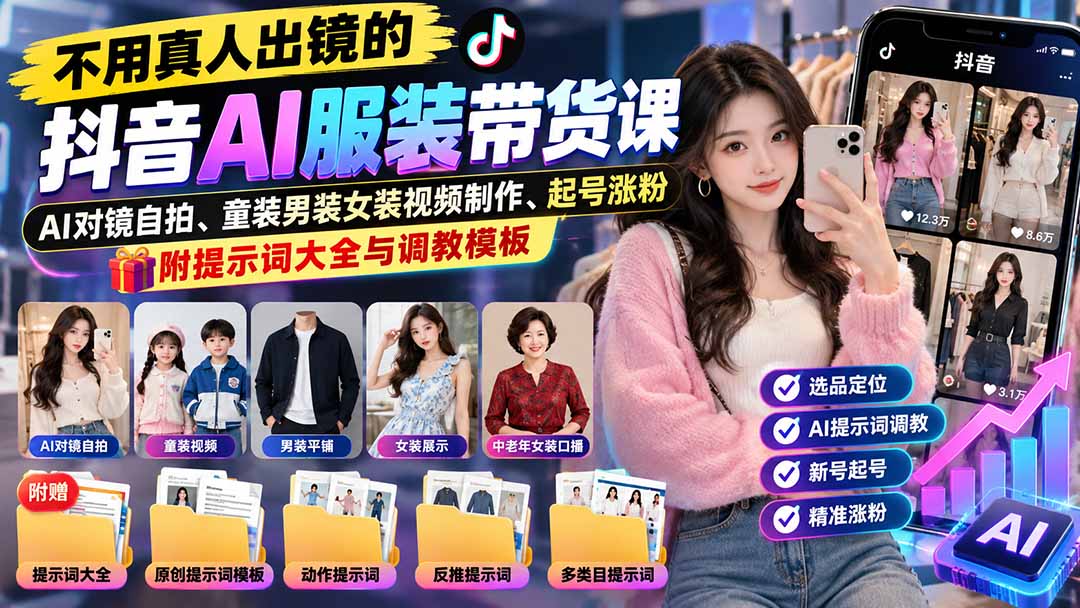 不用真人出镜的抖音AI服装带货课：AI对镜自拍、童装男装女装视频制作、起号涨粉，附提示词大全与调教模板-娜娜项目网