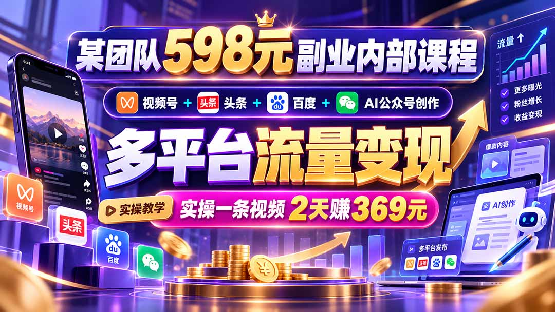 某团队598元副业内部课程:视频号+头条+百度+AI公众号创作、多平台流量变现,实操一条视频2天赚369元-娜娜项目网