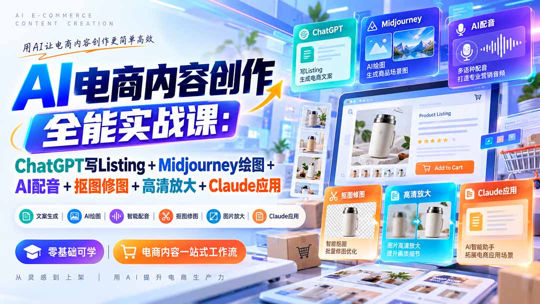 【无水印】AI电商内容创作全能实战课:ChatGPT写Listing+Midjourney绘图+AI配音+抠图修图+高清放大+Claude应用-娜娜项目网