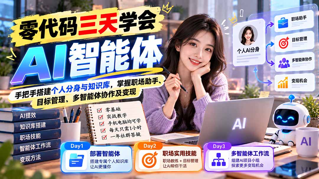 【无水印】零代码三天学会AI智能体:手把手搭建个人分身与知识库,掌握职场助手、目标管理、多智能体协作及变现-娜娜项目网